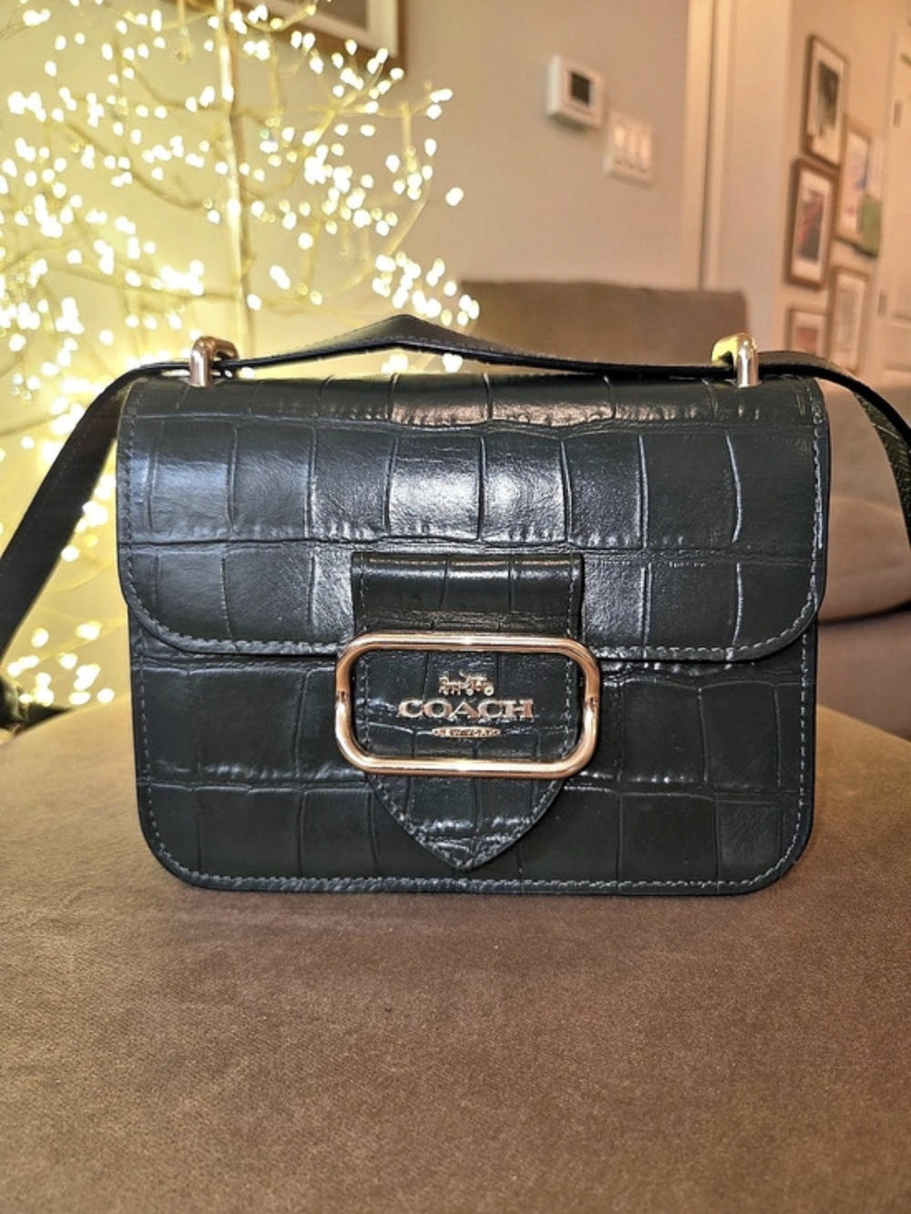 Coach Morgan Deep Green/Black Crocodile-Embossed Shoulder Bag